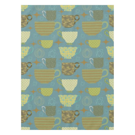 Midden eeuw Stoffig Blauw Teacup Patroon Tafelkleed (Voorkant)