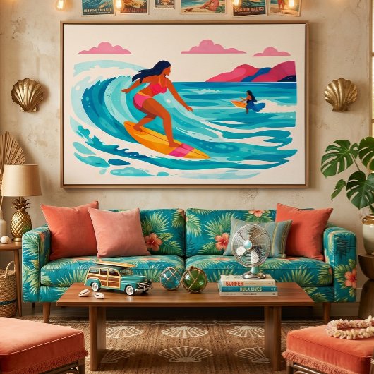 Midden eeuw tropische strandkunst canvas afdruk