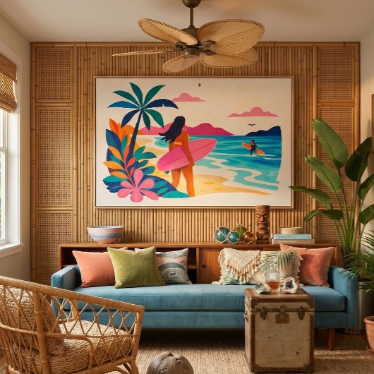 Midden eeuw tropische strandkunst canvas afdruk
