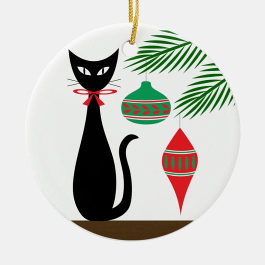 Midden eeuw vakantiekat met kerstversiering keramisch ornament (Voorkant)