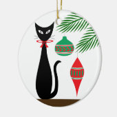 Midden eeuw vakantiekat met kerstversiering keramisch ornament (Links)