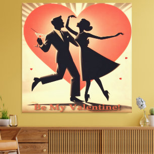 Midden eeuw Valentijn dansend paar met Martini Canvas Afdruk