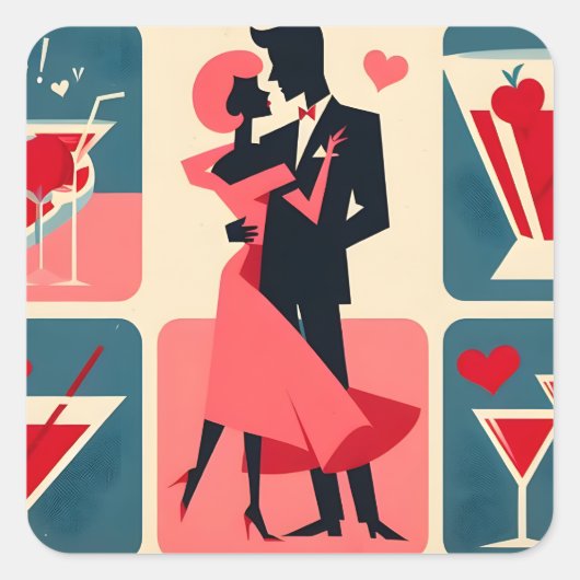 Midden eeuw Valentijn dansend paar Vierkante Sticker (Voorkant)