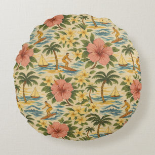 Midden eeuw vervaagde Hawaïaanse shirt print  Rond Kussen