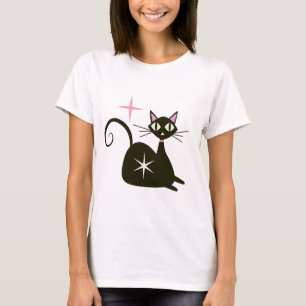 Midden eeuw zwart atomaire kat met sterrenexplosie t-shirt