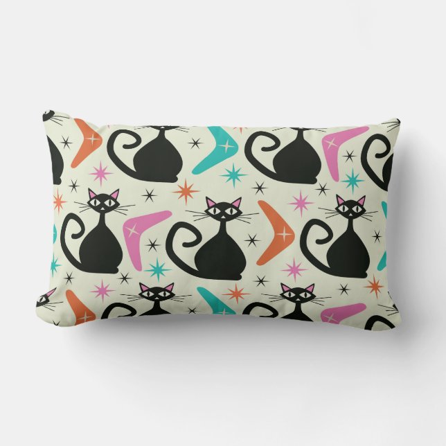 Midden eeuw zwart atomaire katten met boemerangs  kussen (Voorkant)