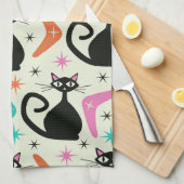 Midden eeuw zwart atomaire katten met boemerangs theedoek (Quarter Fold)