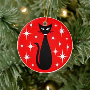 Midden eeuw zwart kat met witte sterren op rood keramisch ornament