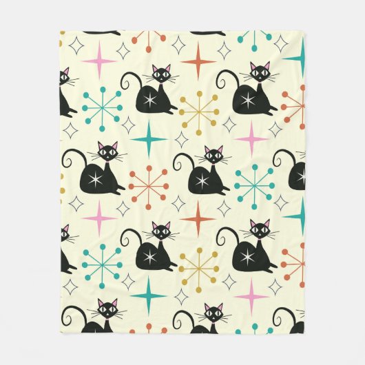 Midden eeuw Zwarte Atoomkatten en Starbursts Fleece Deken (Voorkant)