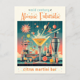 Midden eeuws atomaire futuristische citrus martini briefkaart