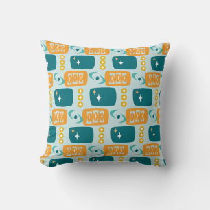 Midden eeuws atoompatroon in aqua, oranje, turquoi kussen
