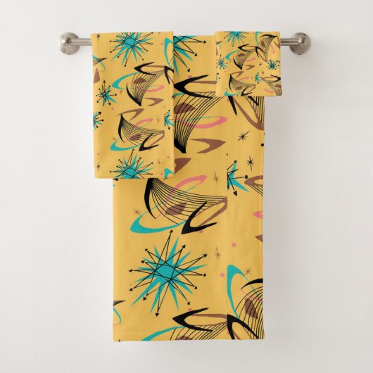 Midden eeuws modern geel zwart turquoise bad handdoek (Insitu)