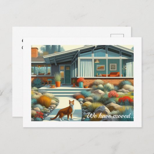 Midden eeuws modern huis met kat aankondigingskaart (Voorkant / Achterkant)