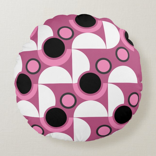 Midden-eeuws modern roze, zwart en grijs rond kussen (Voorkant)