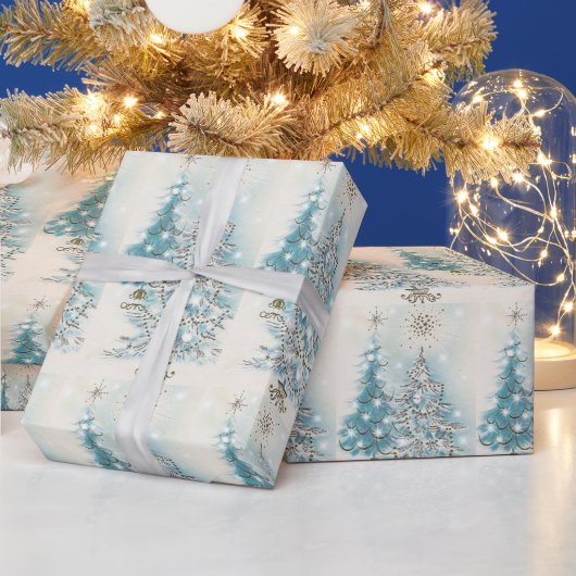 Midden eeuws moderne blauwe zilveren kerstbomen cadeaupapier (Feestdagen)