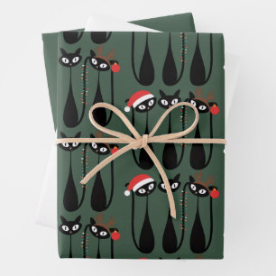 Midden eeuws moderne Kerstkatten Retro Klassiek Inpakpapier Vel