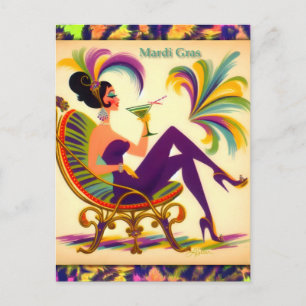Midden eeuws Retro 60s Mardi Gras Martini Vrouw Briefkaart