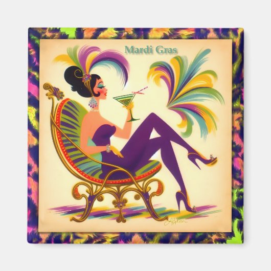 Midden eeuws Retro 60s Mardi Gras Martini Vrouw Magneet (Voorkant)