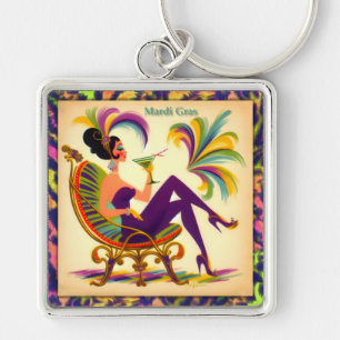 Midden eeuws Retro 60s Mardi Gras Martini Vrouw Sleutelhanger