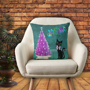 Midden eeuws roze boom zwart kat teal kamer vakant kussen