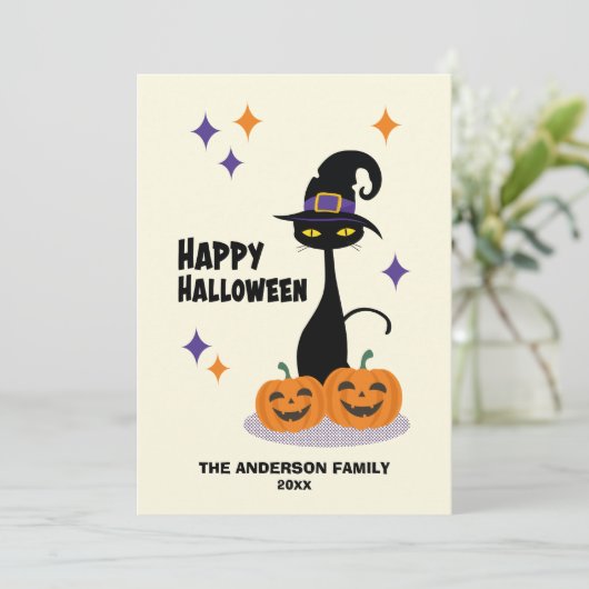 Midden-eeuwse Atom Halloween Kat Feestdagenkaart (Staand voorkant)