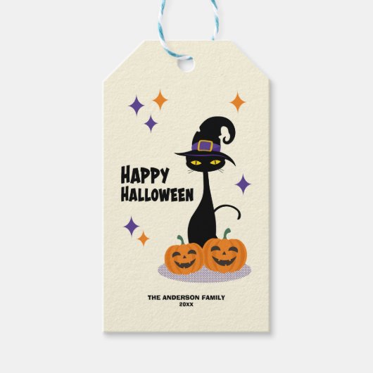 Midden-eeuwse atomaire Halloweenkat Cadeaulabel (Voorkant)