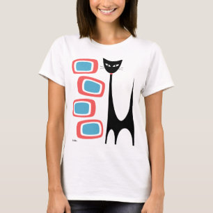 Midden-Eeuwse Atoomkat met Roze en Blauwe Oblongs T-shirt