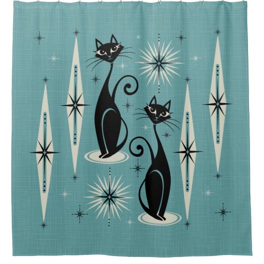Midden-eeuwse atoomkatten met gemiddelde retro op douchegordijn (Voorkant)