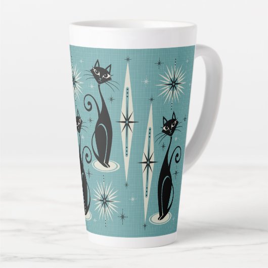 Midden-eeuwse atoomkatten met gemiddelde retro op  latte mok (Rechterhoek)