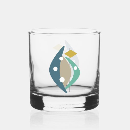 Midden-eeuwse atoomtijdperk blauwe boemerangs whisky glas (Voorkant)