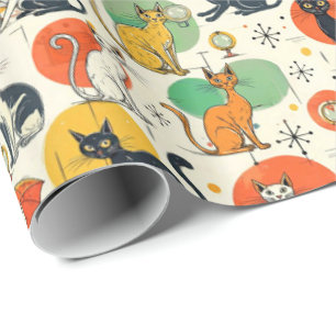Midden-eeuwse atoomtijdperk katten retro patroon cadeaupapier