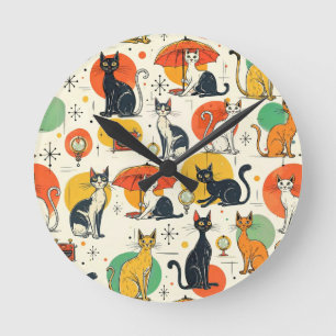 Midden-eeuwse atoomtijdperk katten retro patroon ronde klok