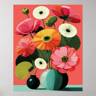 Midden-eeuwse bloemstilleven koraal wandkunst poster