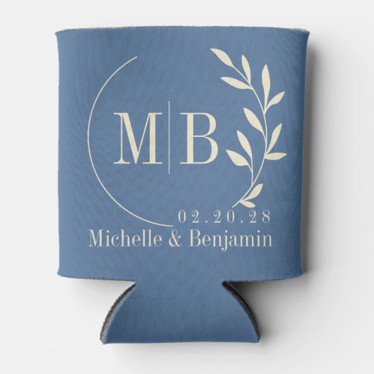 Midden-eeuwse Capri Blauwe Blad Bruiloft Monogram Blikjeskoeler (Voorkant)