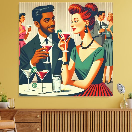 Midden eeuwse cocktailparty koppels - Eerste date Canvas Afdruk (Insitu (Woonkamer))