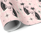 Midden-eeuwse gemiddelde retro atoomkatten op warm cadeaupapier (Rol Hoek)