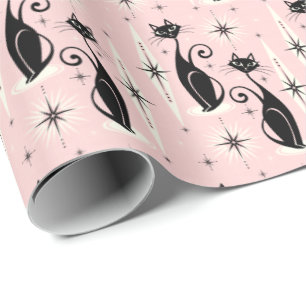 Midden-eeuwse gemiddelde retro atoomkatten op warm cadeaupapier