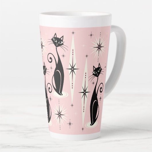 Midden-eeuwse gemiddelde retro atoomkatten op warm latte mok (Rechterhoek)