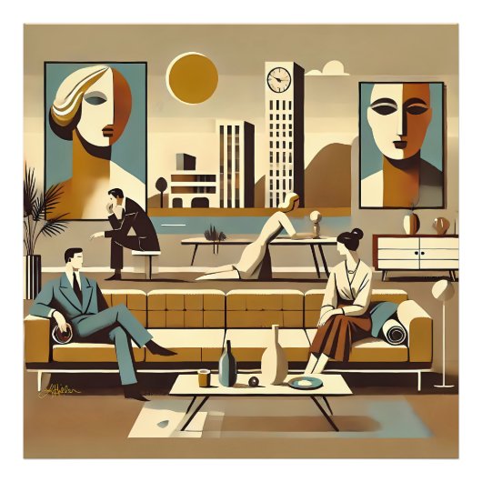 Midden Eeuwse Interieurontwerp Kunst Lounge Foto Afdruk (Voorkant)
