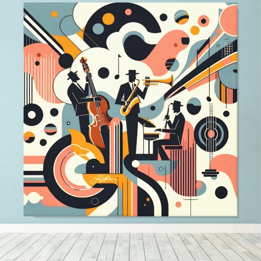 Midden Eeuwse Jazz Age Psychedelische Trio Canvas Afdruk (Insitu (Houten vloer))