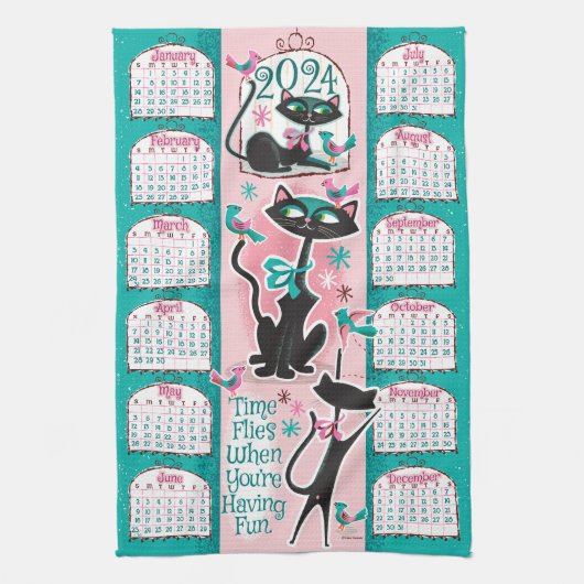 Midden-eeuwse katten kalender keukenhanddoek (Verticaal)