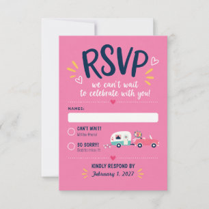 Midden-eeuwse Mod Trailer Hitched Roze Bruiloft  RSVP Kaartje