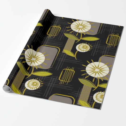 Midden-eeuwse Modern, Retro, Floral Pattern Cadeaupapier (Uitgerold)