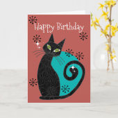 Midden-eeuwse moderne atoomkat-retro Happy Birthda Kaart (Gele Bloem)