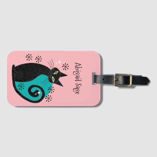 Midden-eeuwse moderne atoomkattenretro-adres bagagelabel (Voorkant (horizontaal))