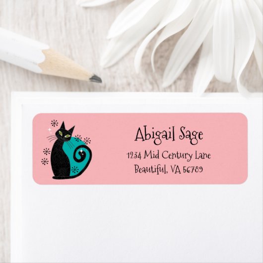 Midden-eeuwse moderne atoomkattenretro-adres etiket (Insitu)