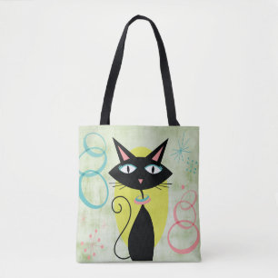 Midden-eeuwse moderne atoomzwarte kat ver weg tote bag