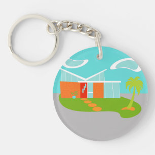 Midden-eeuwse Moderne Cartoon House Sleutelhanger