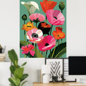 Midden-eeuwse moderne klaproos bloemige wandkunst poster (Thuiskantoor)