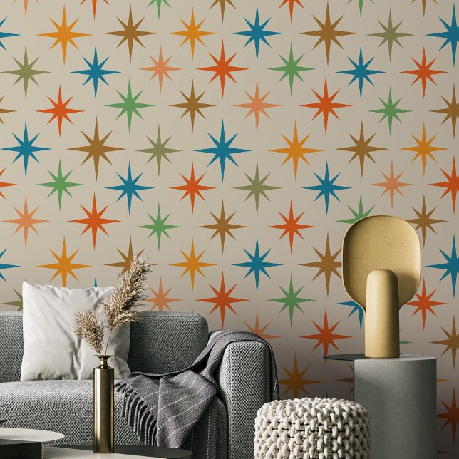 Midden-eeuwse moderne kleurrijke atoomuitbarsting behang (Colorful Mid century Atomic starbursts on cream background )